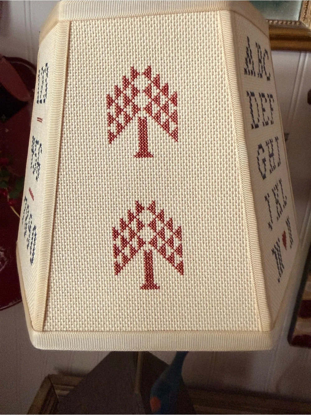 Amazing Vintage Folk Art Primitive Cross Stitch Sampler Lampshade 6-3/4